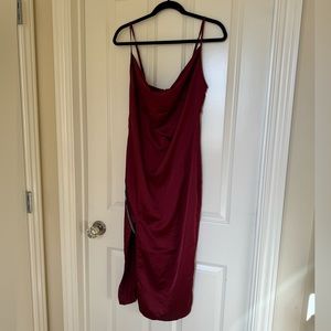 cowl neck satin burgundy dress